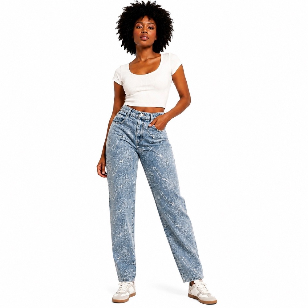 Vtg 90s Joujou High Rise Mom Jeans Blue Floral Embroidered Cottagecore Women 5/6
